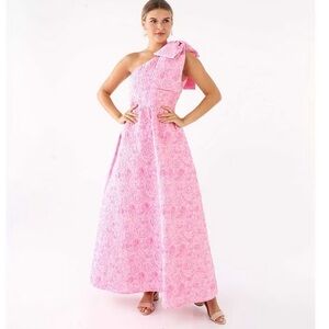 ABBEY GLASS Caroline Asymmetrical Neck Bow One Shoulder Bow Jacquard A-Line Gown